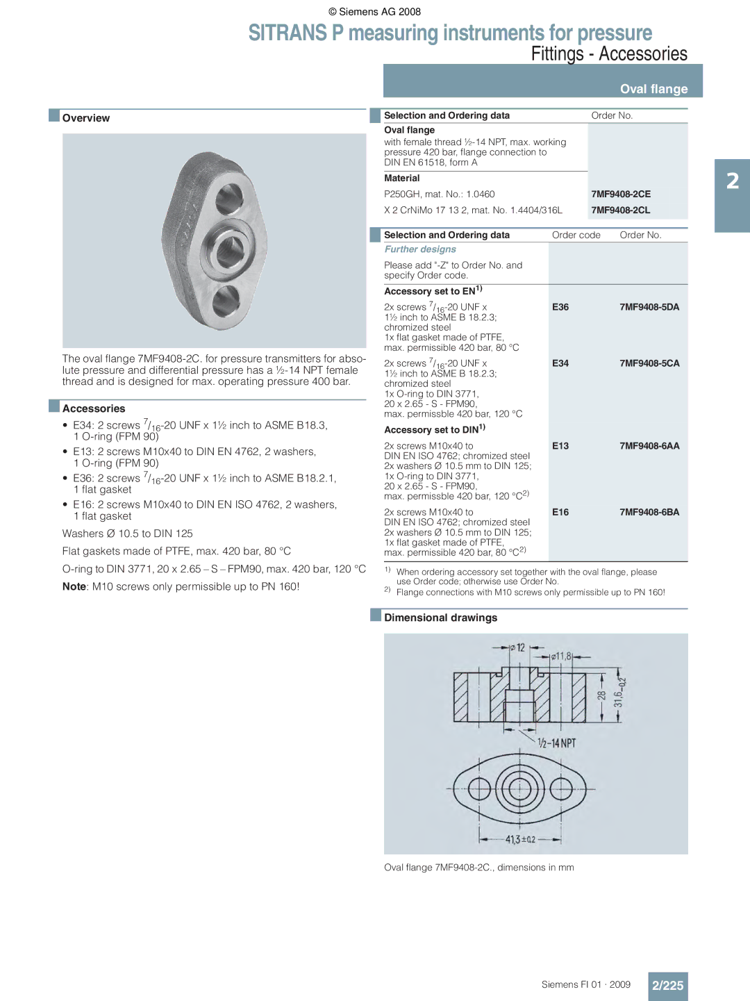 Siemens P technical specifications Fittings Accessories, Oval flange, 225 