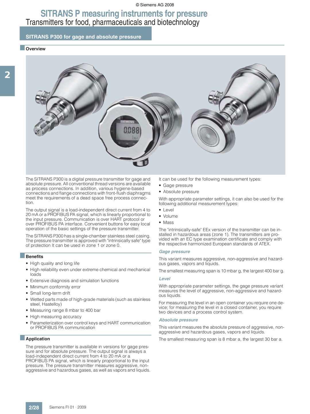 Siemens technical specifications Sitrans P300 for gage and absolute pressure, Gage pressure, Level, Absolute pressure 