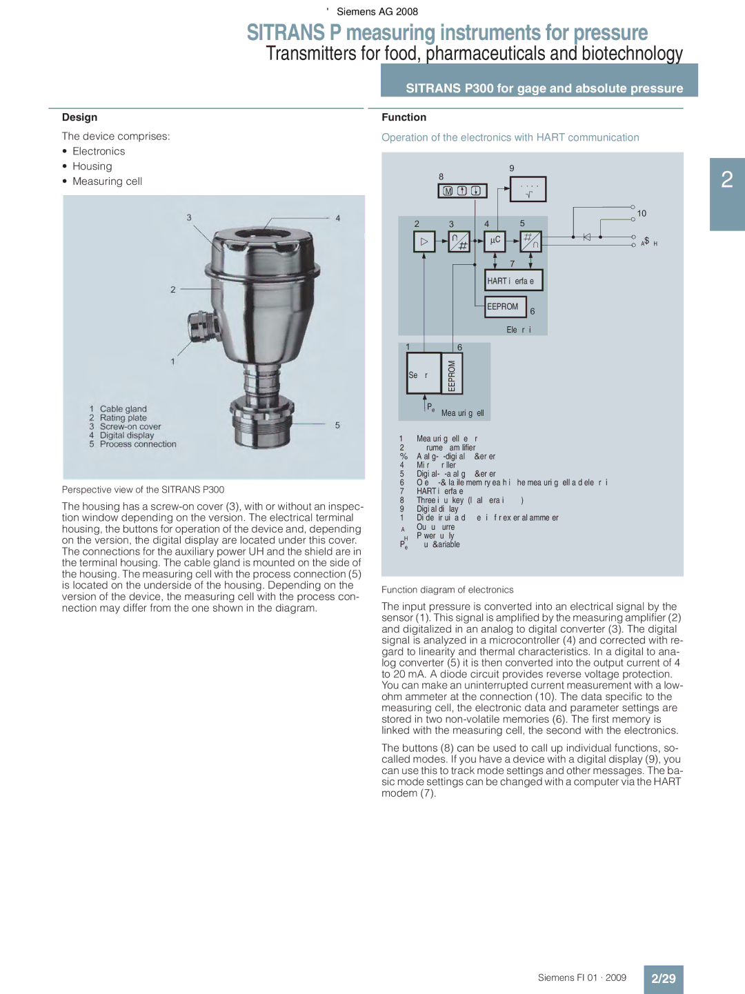 Siemens P Design Function Device comprises, Operation of the electronics with Hart communication, Electronics 