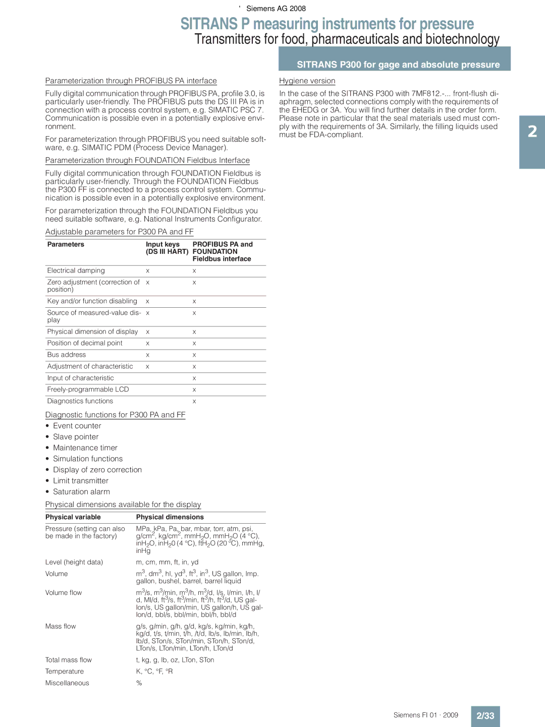 Siemens technical specifications Parameters Input keys Profibus PA, Fieldbus interface 