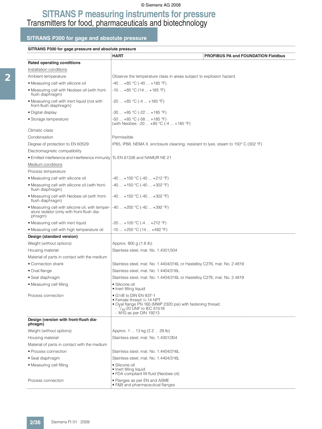 Siemens technical specifications +150 C, Design standard version, Design version with front-flush dia Phragm 