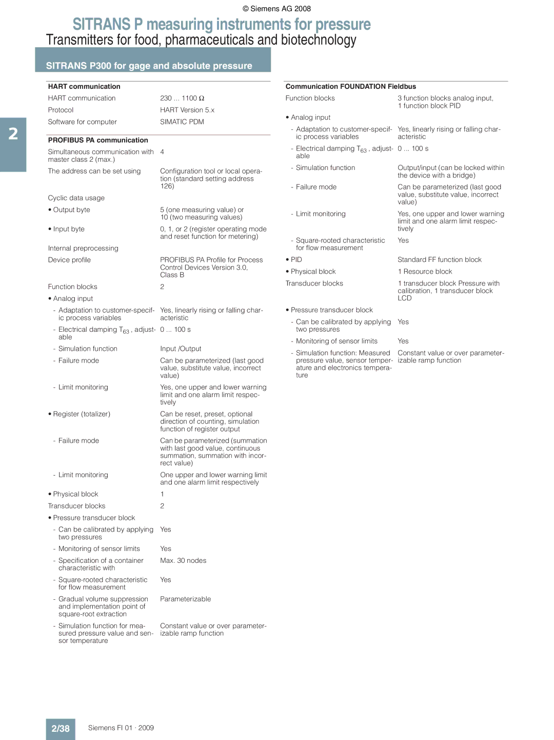 Siemens technical specifications Hart communication, Profibus PA communication, Communication Foundation Fieldbus 