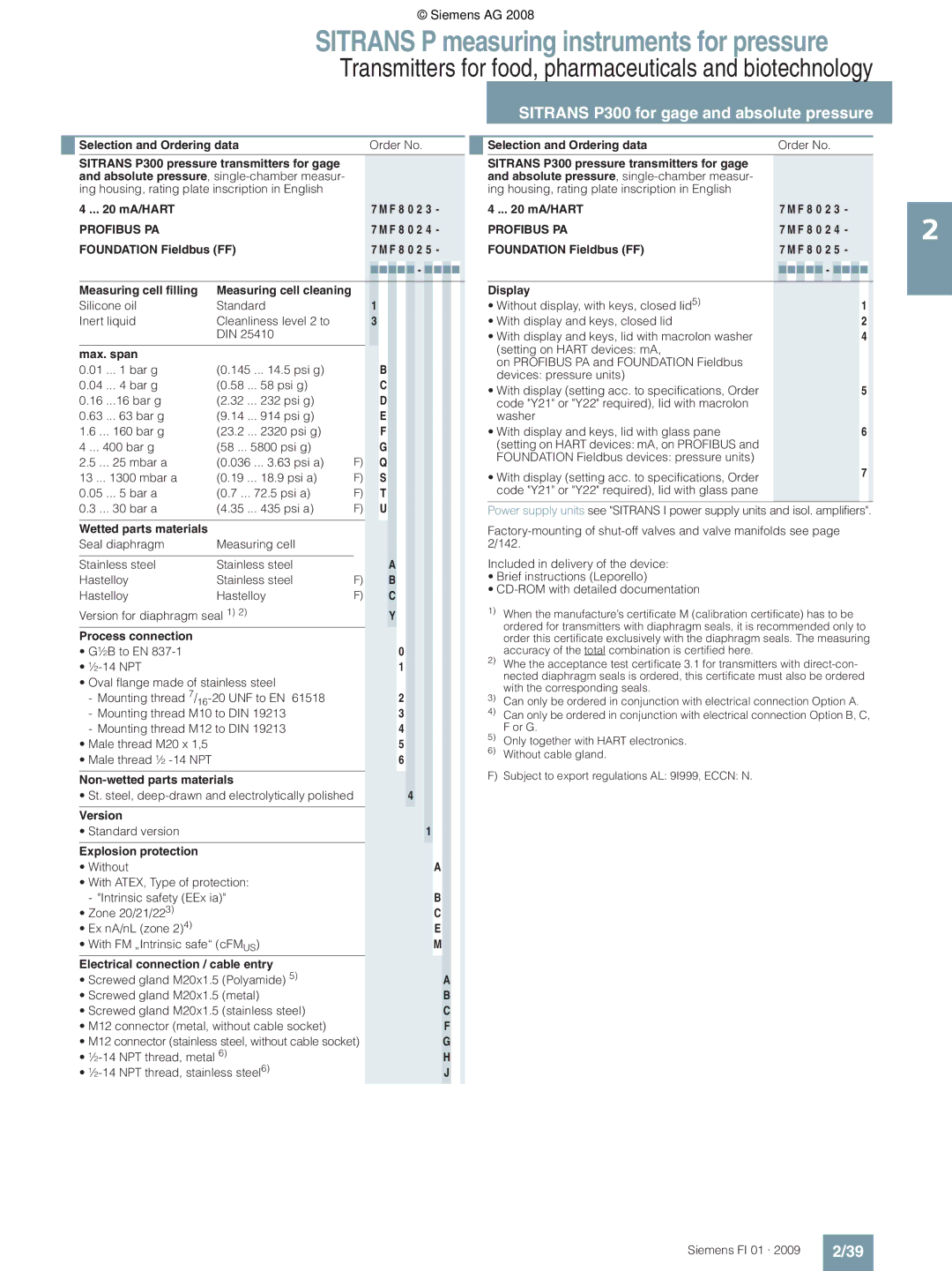 Siemens P Selection and Ordering data Order No, 20 mA/HART, Foundation Fieldbus FF, Measuring cell filling, Max. span 