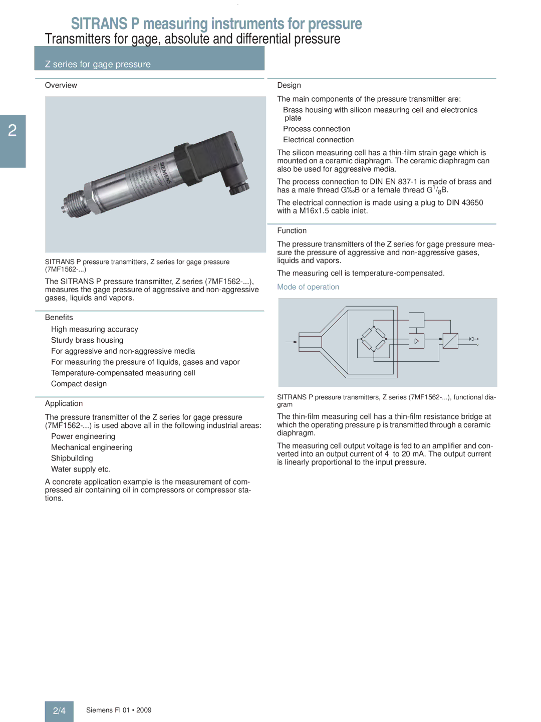 Siemens P Transmitters for gage, absolute and differential pressure, Series for gage pressure, Mode of operation 