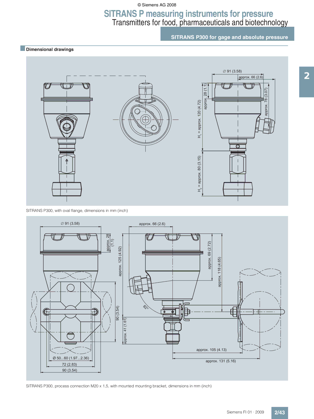 Siemens technical specifications Dimensional drawings, Sitrans P300, with oval flange, dimensions in mm inch 