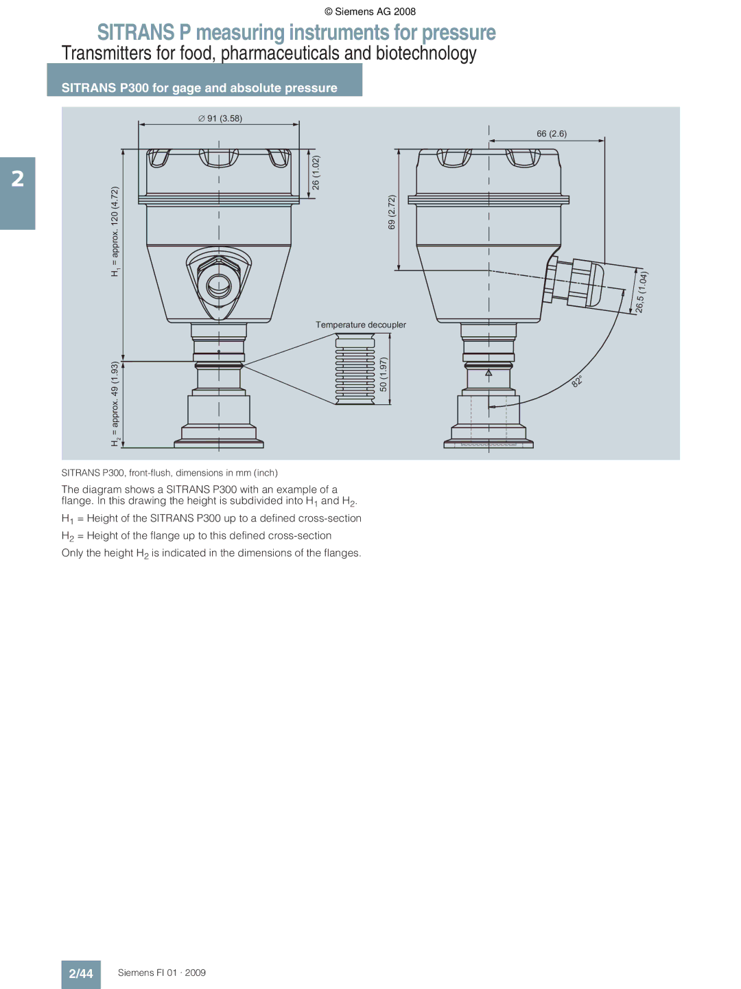 Siemens technical specifications Sitrans P300, front-flush, dimensions in mm inch 