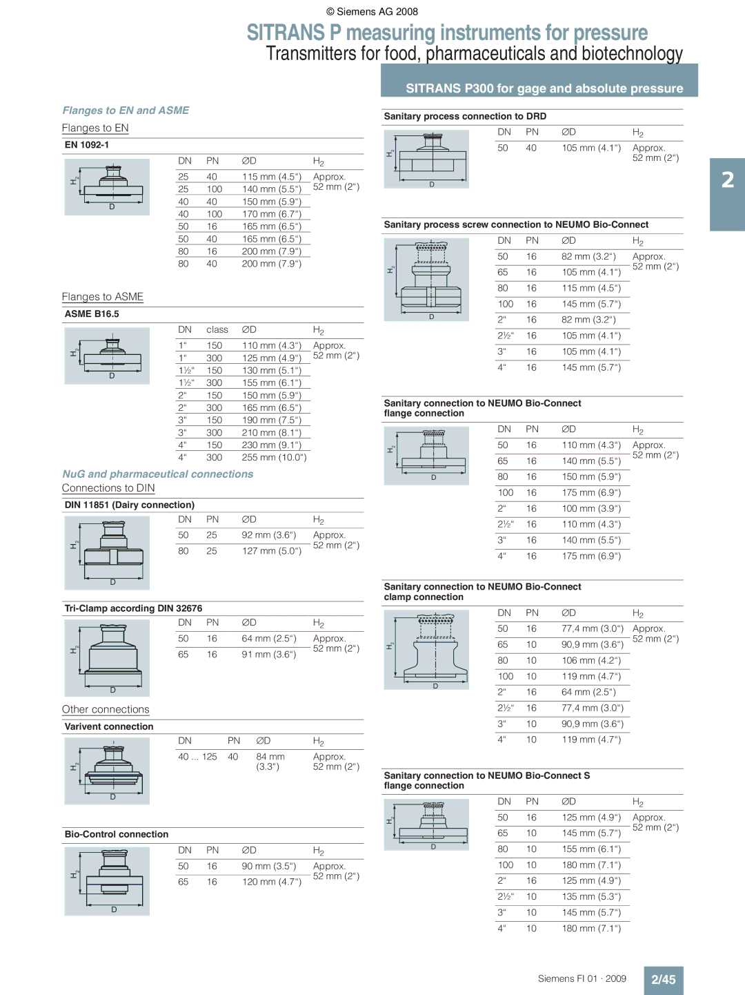 Siemens P technical specifications Flanges to EN and Asme, NuG and pharmaceutical connections 