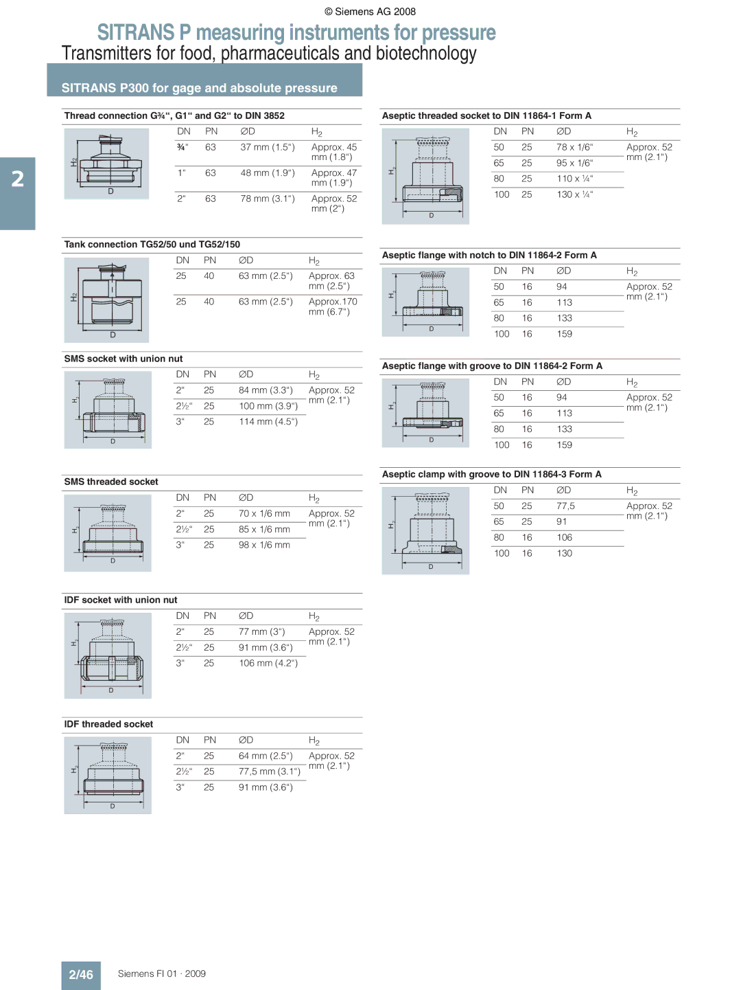 Siemens P Thread connection G¾, G1 and G2 to DIN, Tank connection TG52/50 und TG52/150, IDF socket with union nut 