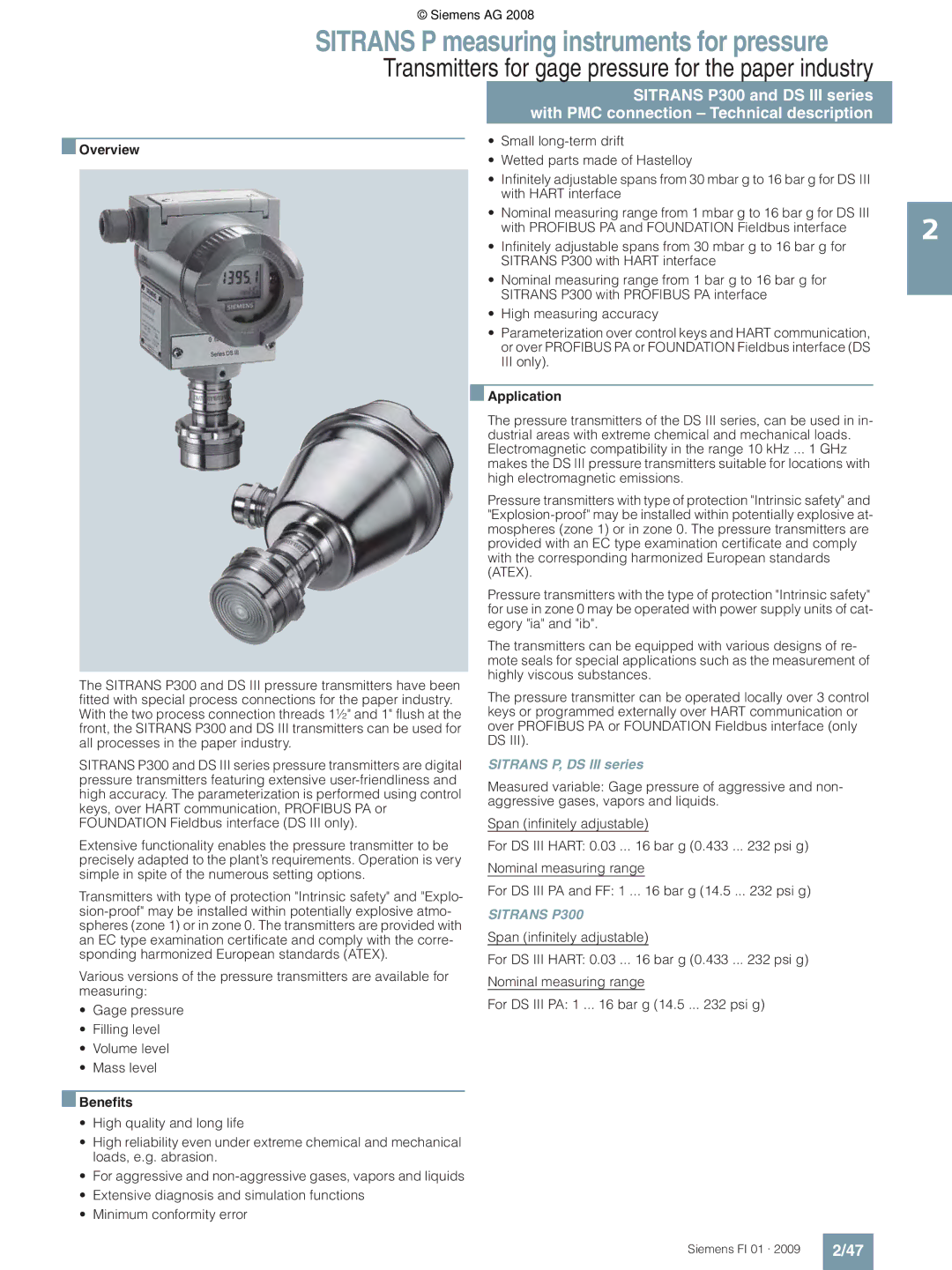 Siemens technical specifications Transmitters for gage pressure for the paper industry, Sitrans P, DS III series 