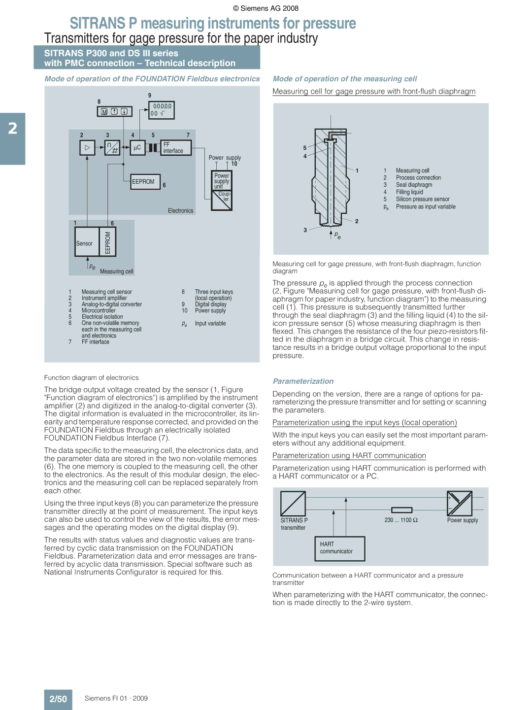 Siemens technical specifications Measuring cell for gage pressure with front-flush diaphragm, Parameterization 