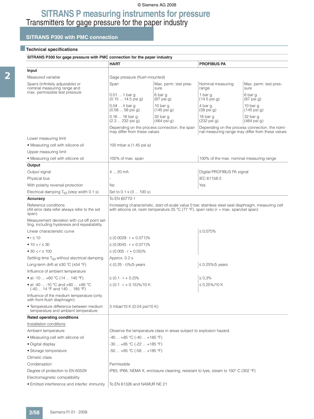 Siemens technical specifications Sitrans P300 with PMC connection, To EN 61326 and Namur NE Siemens FI 01 · 