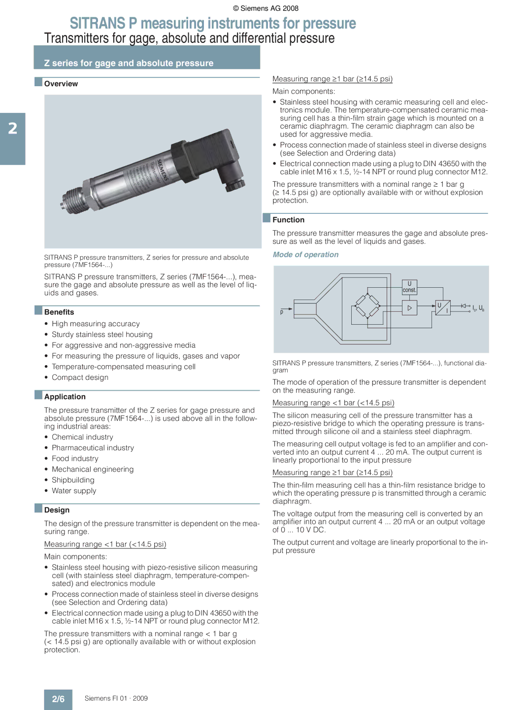 Siemens P technical specifications Series for gage and absolute pressure, Overview 