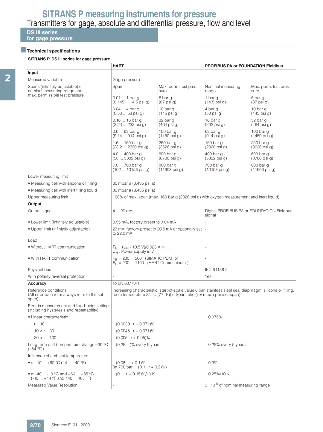 Siemens P technical specifications DS III series For gage pressure, Technical specifications 