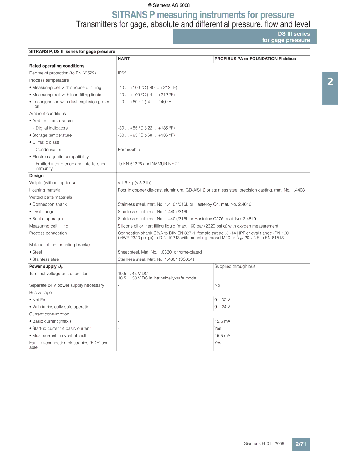 Siemens technical specifications Sitrans P, DS III series for gage pressure, Design 