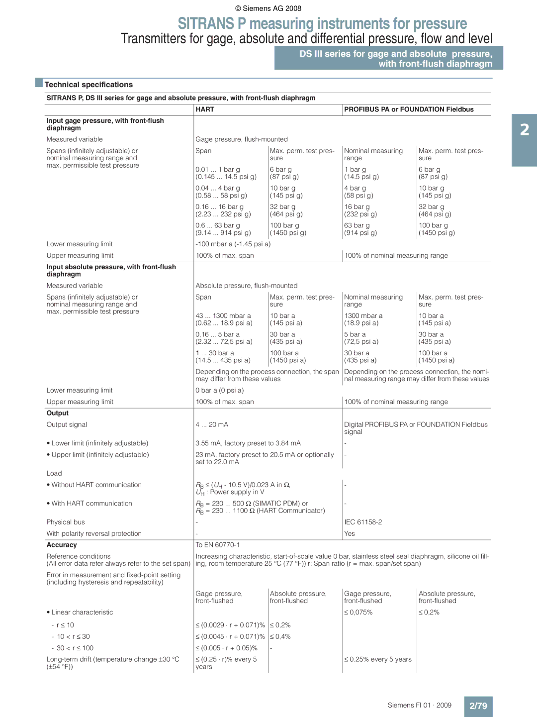 Siemens P technical specifications Technical specifications, Input absolute pressure, with front-flush Diaphragm 