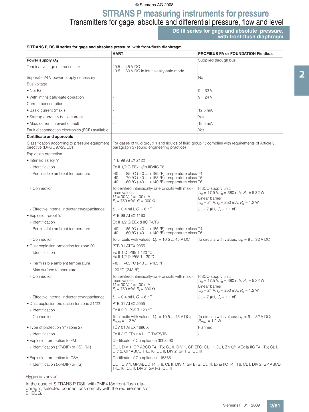 Siemens P technical specifications Ehedg 