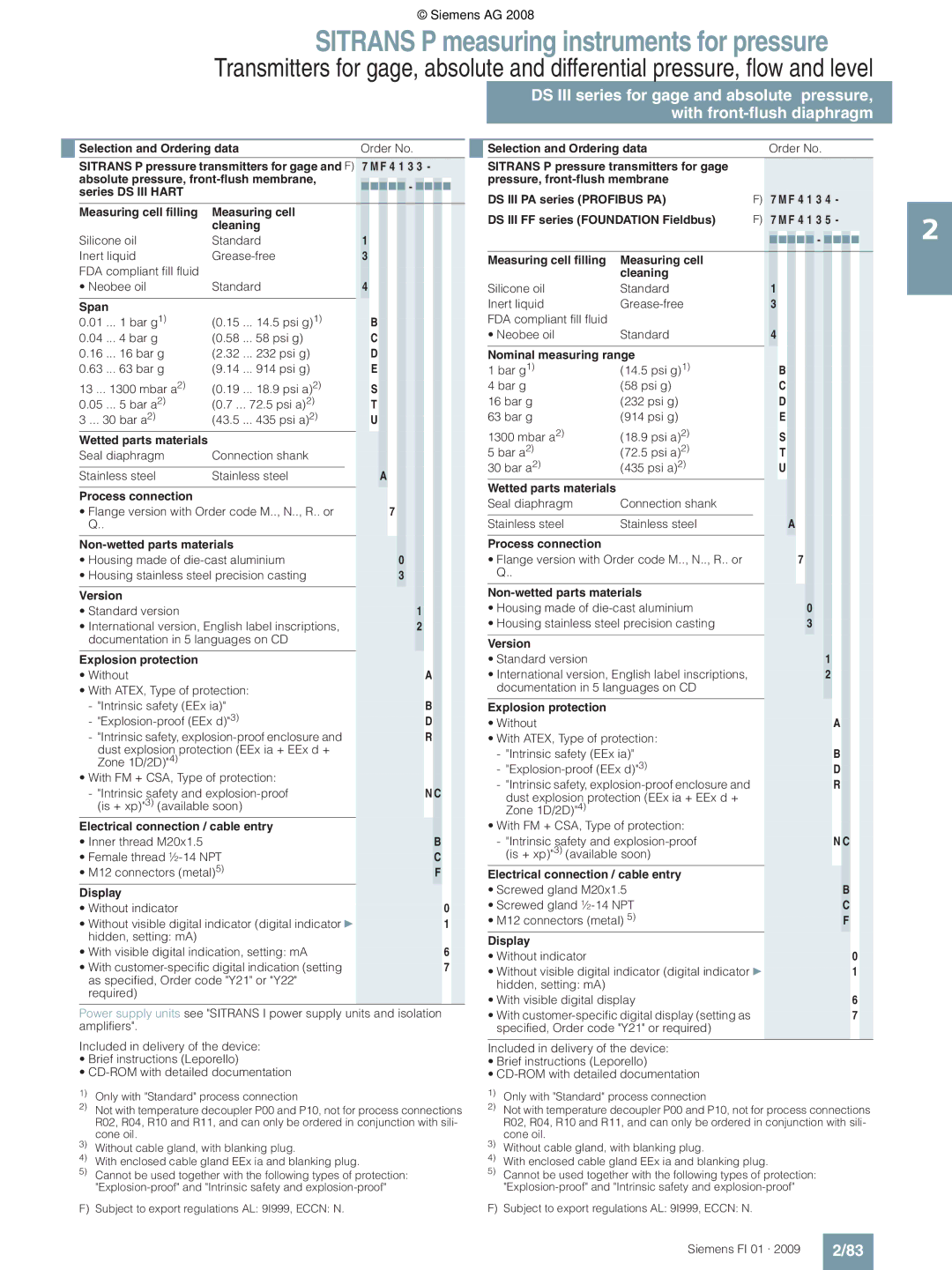 Siemens P technical specifications Absolute pressure, front-flush membrane, Seal diaphragm Connection shank Stainless steel 