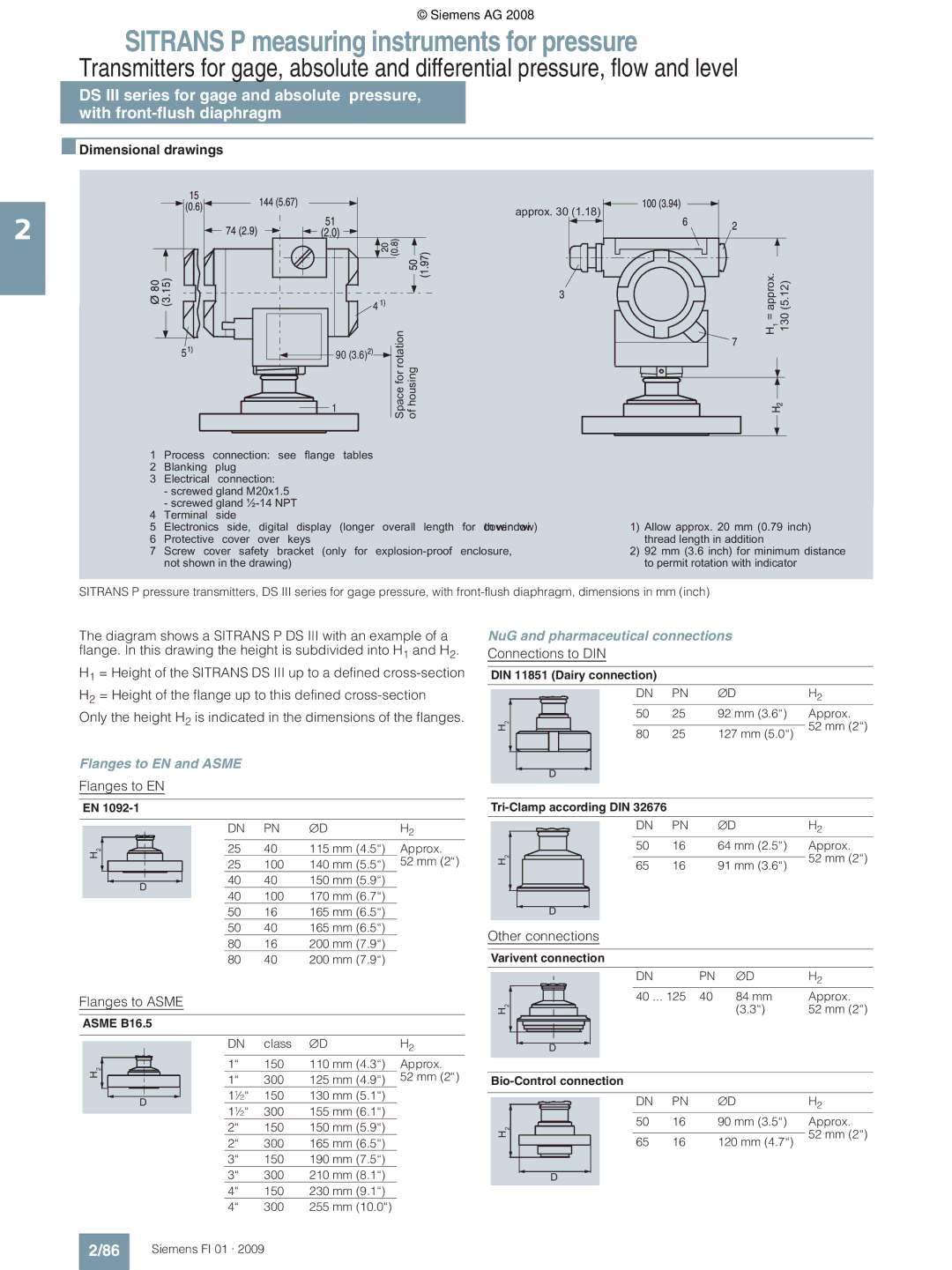 Siemens P technical specifications mm Approx 100 140 mm 52 mm 150 mm 170 mm 165 mm 200 mm, Asme B16.5 Varivent connection 