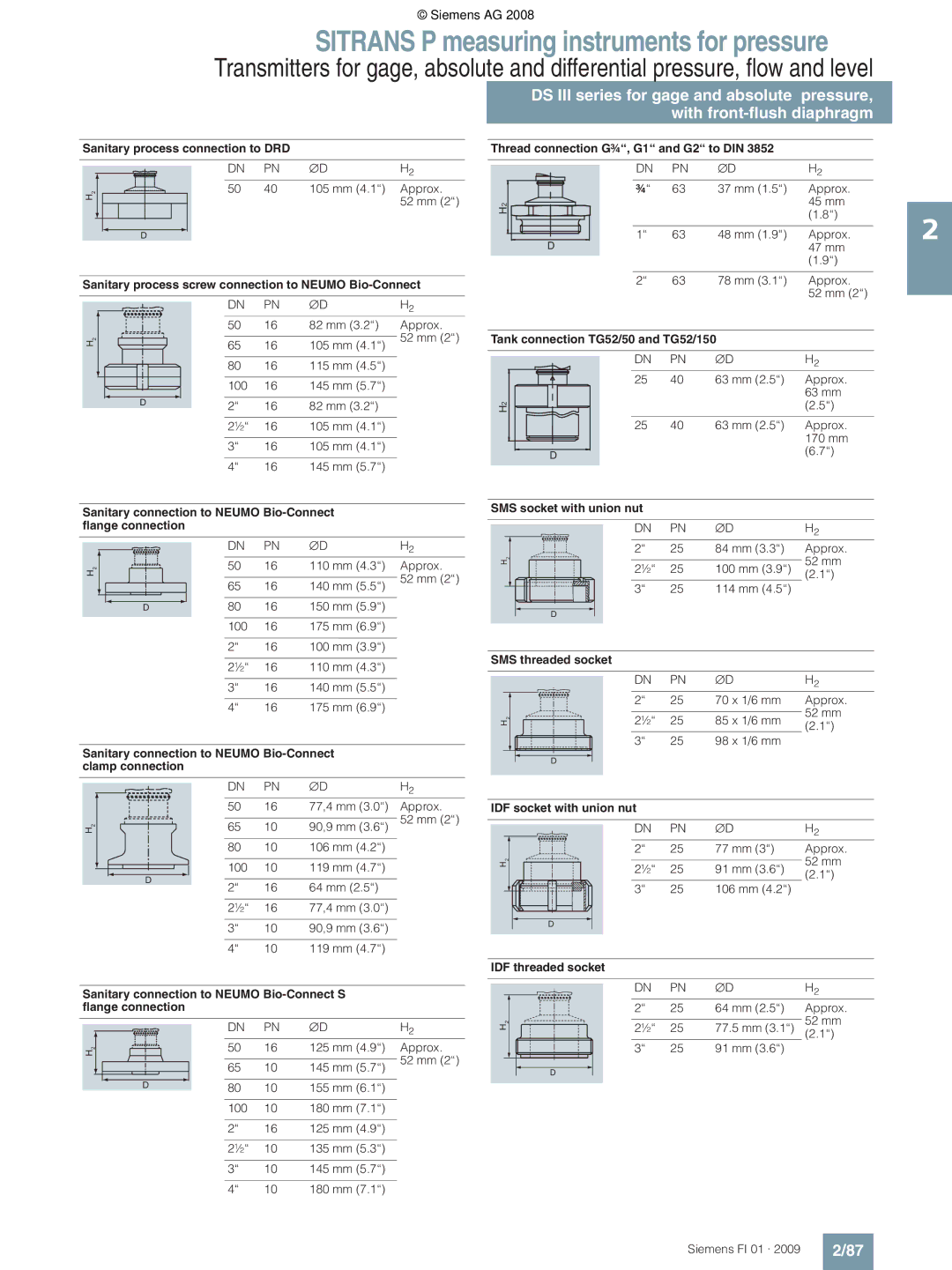 Siemens P technical specifications Tank connection TG52/50 and TG52/150, IDF threaded socket 