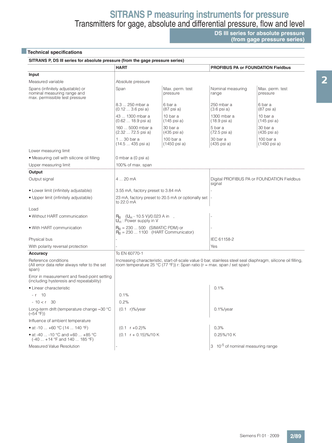 Siemens technical specifications Technical specifications, Profibus PA or Foundation Fieldbus Input 