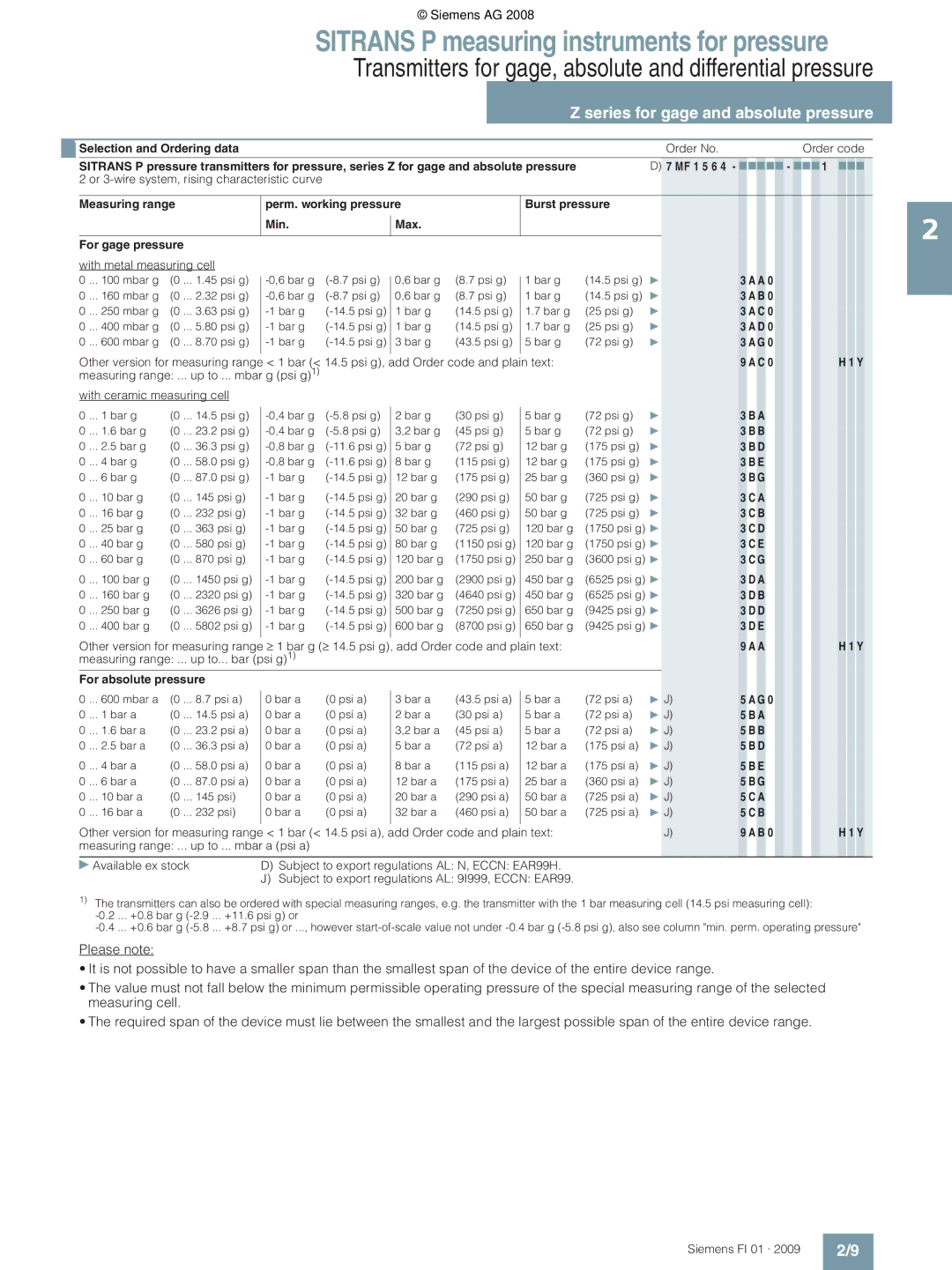 Siemens P technical specifications With metal measuring cell, Mbar g psi g1, Up to Bar psi g1, For absolute pressure 