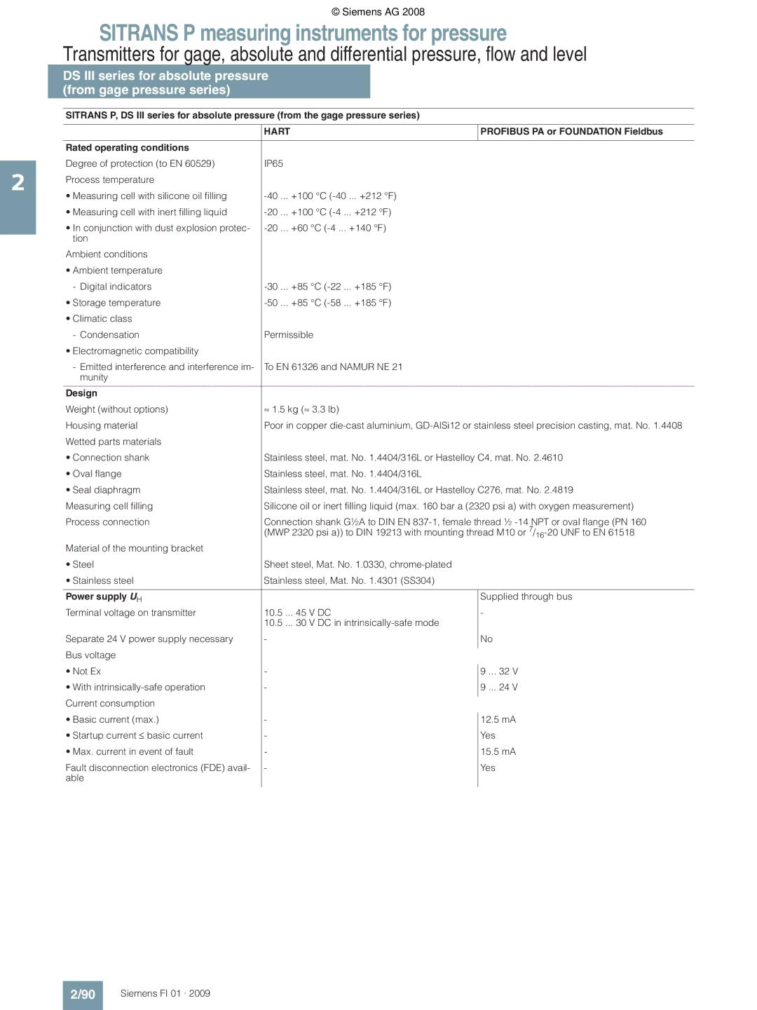 Siemens technical specifications Profibus PA or Foundation Fieldbus 