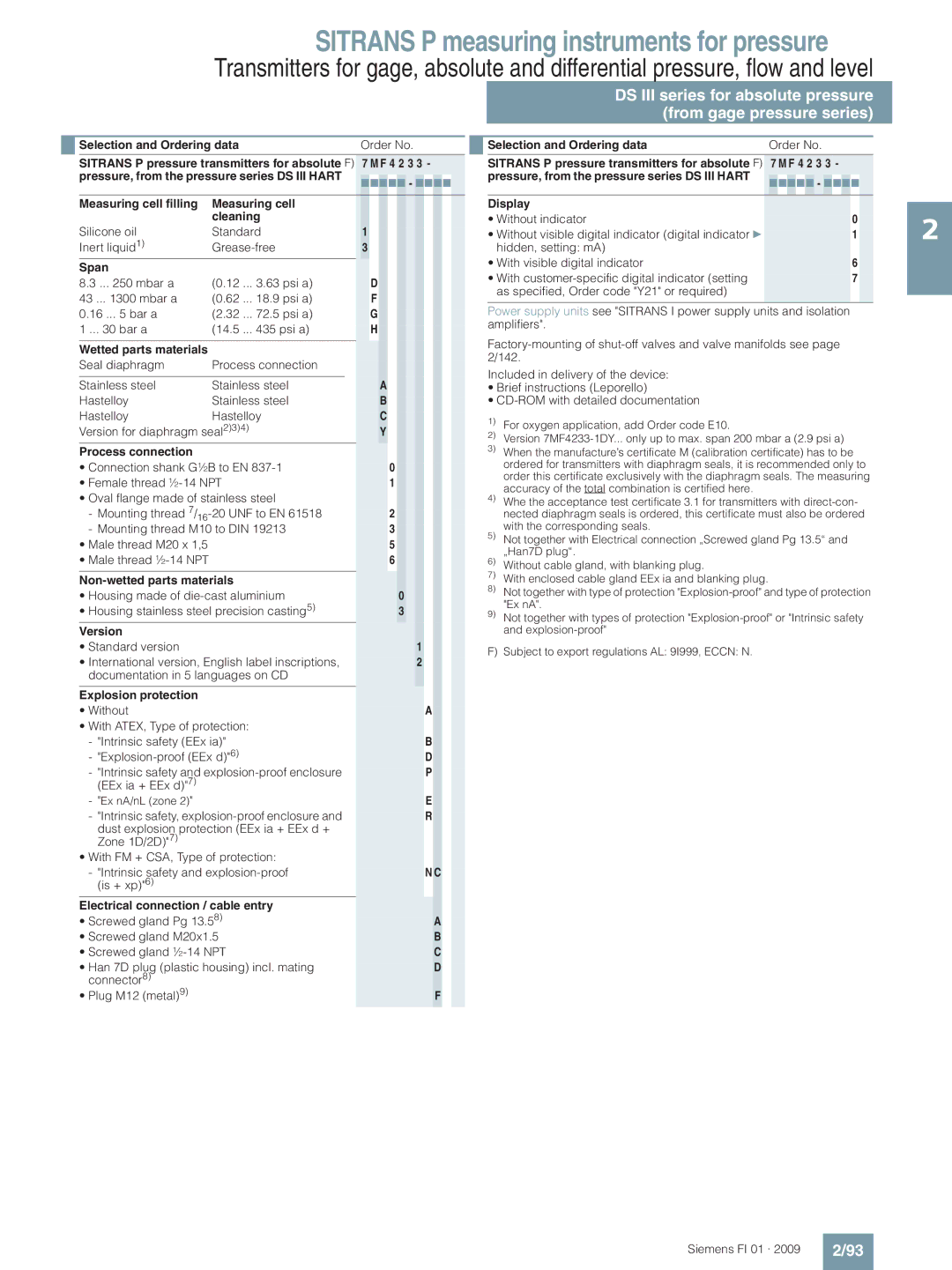 Siemens technical specifications Selection and Ordering data Order No, Pressure, from the pressure series DS III Hart 