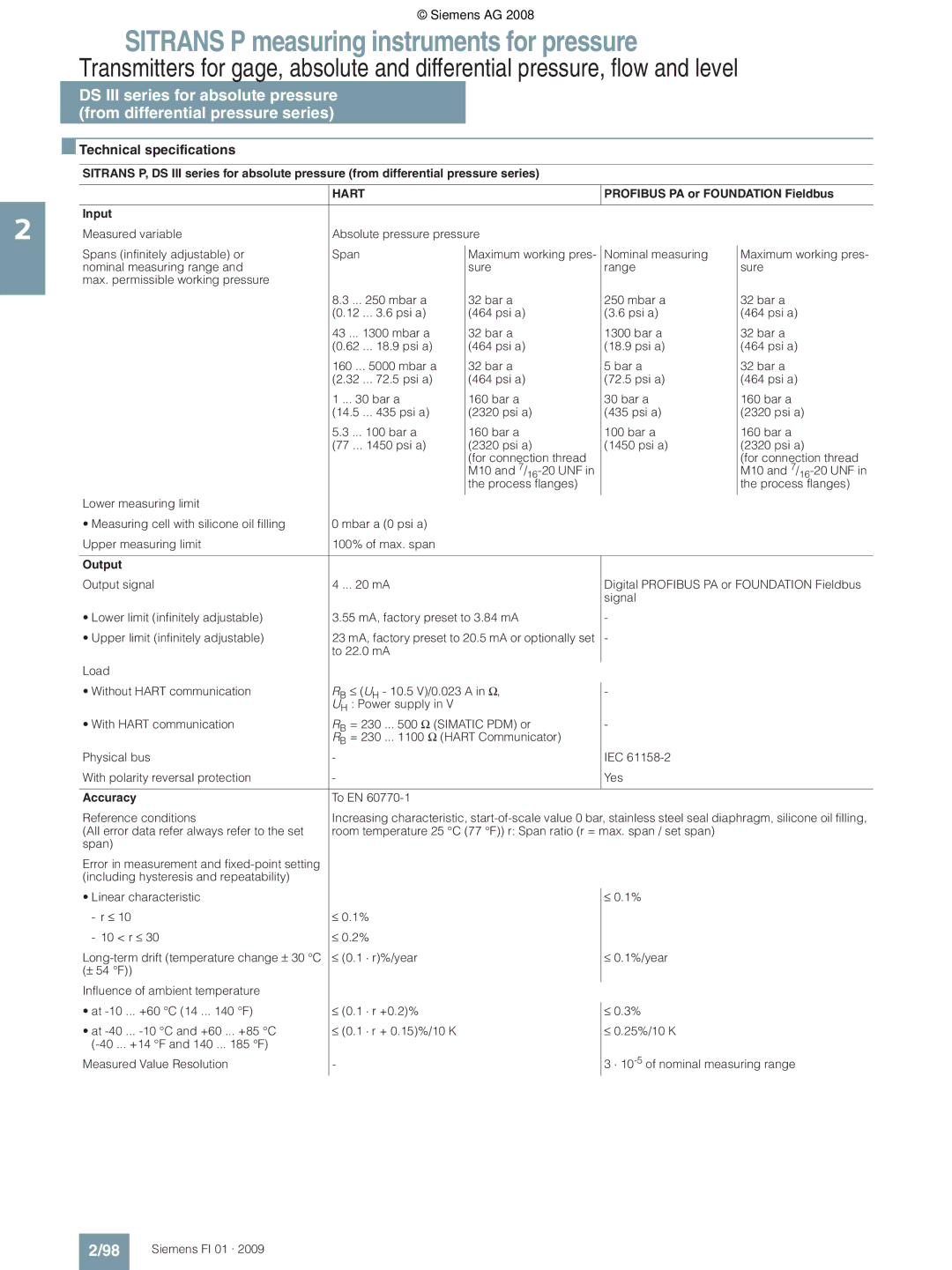 Siemens P technical specifications Technical specifications 