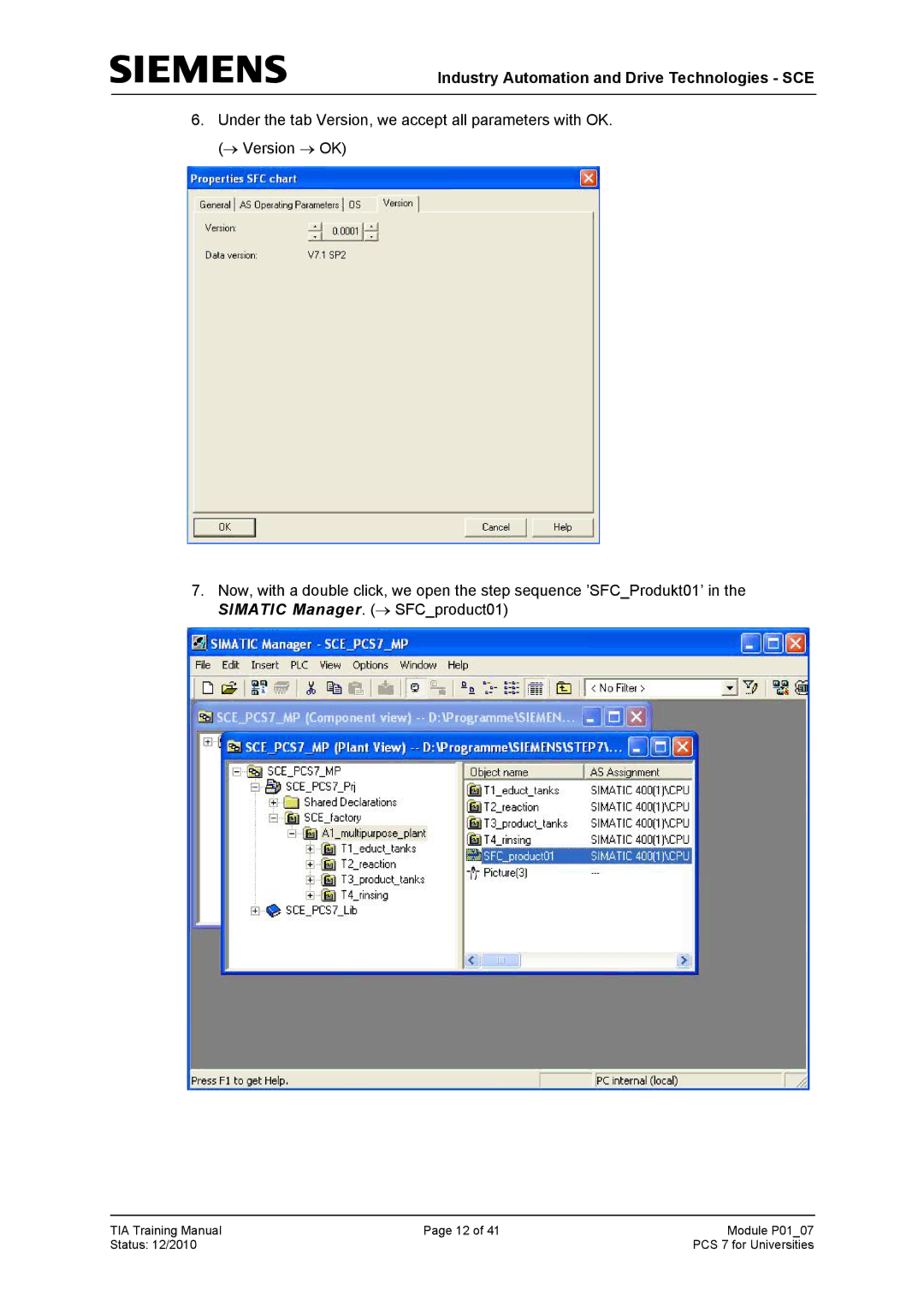 Siemens P01-07 manual Industry Automation and Drive Technologies SCE 