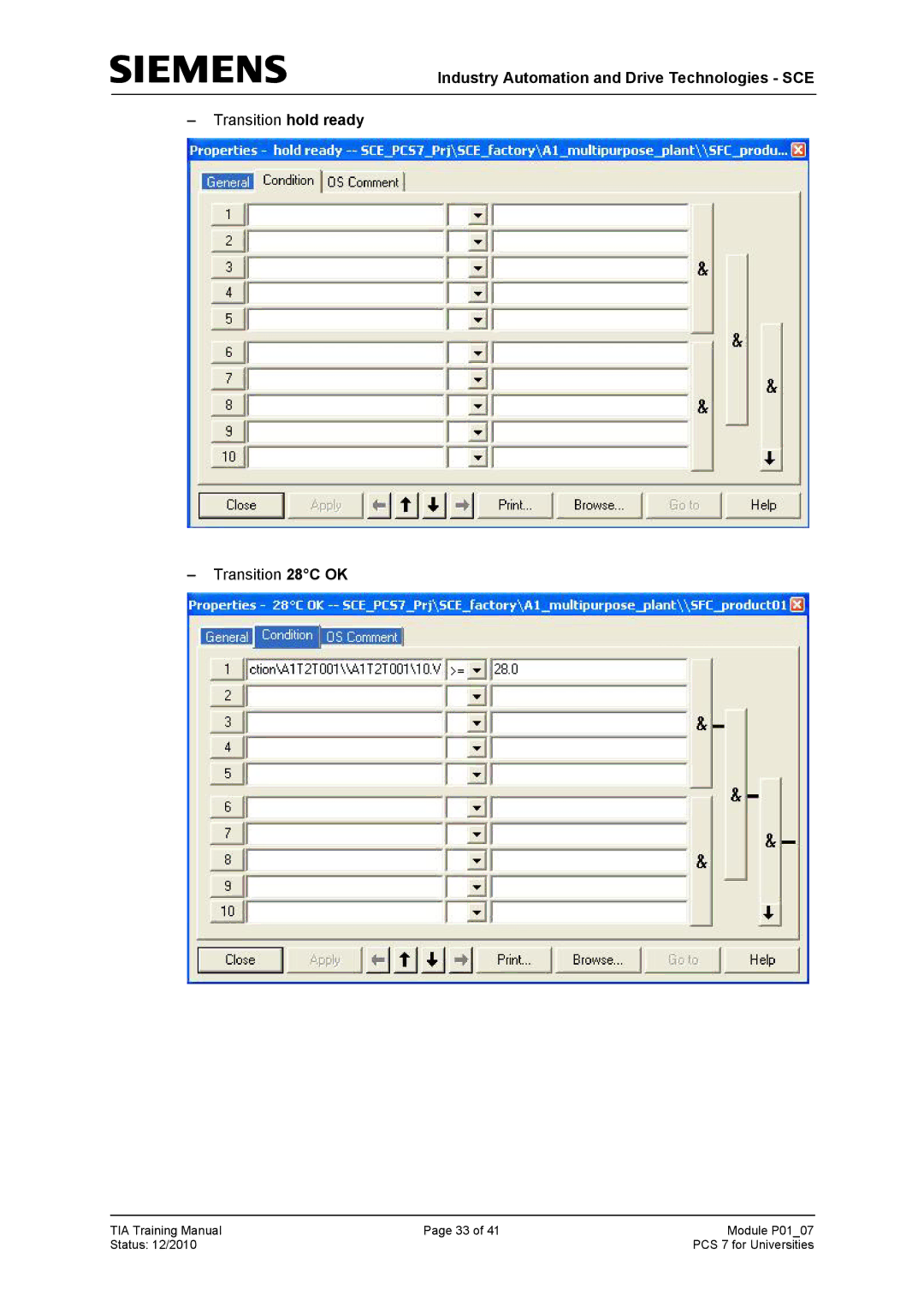 Siemens P01-07 manual Transition hold ready Transition 28C OK 
