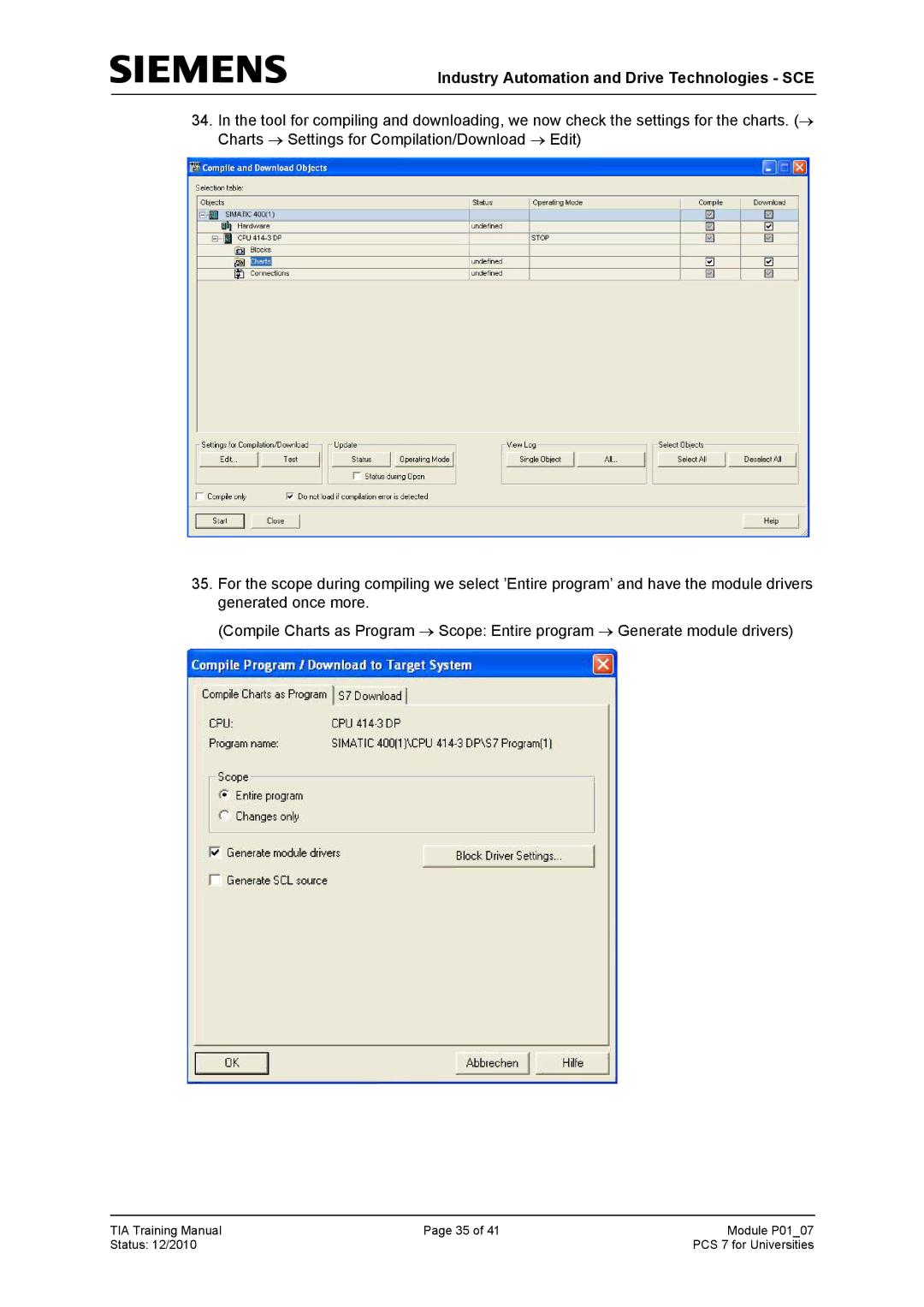 Siemens P01-07 manual Industry Automation and Drive Technologies SCE 