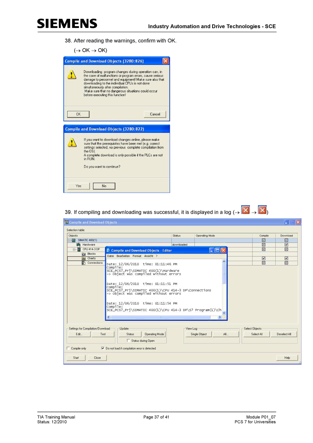 Siemens P01-07 manual Industry Automation and Drive Technologies SCE 