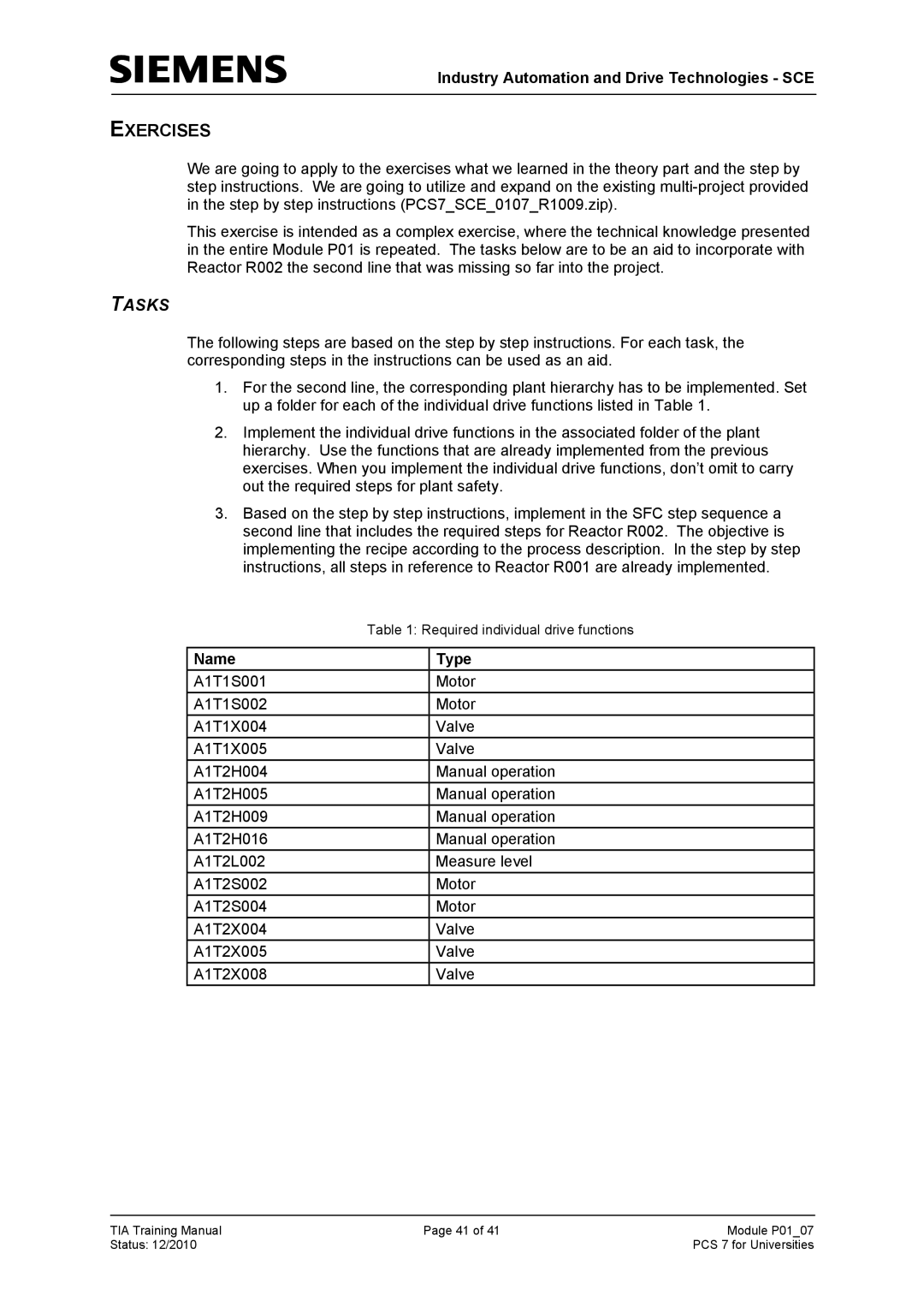 Siemens P01-07 manual Exercises, Tasks 