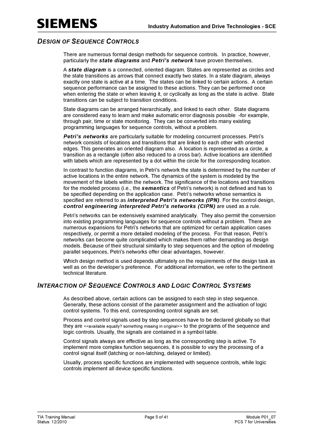 Siemens P01-07 manual Design of Sequence Controls, Interaction of Sequence Controls and Logic Control Systems 