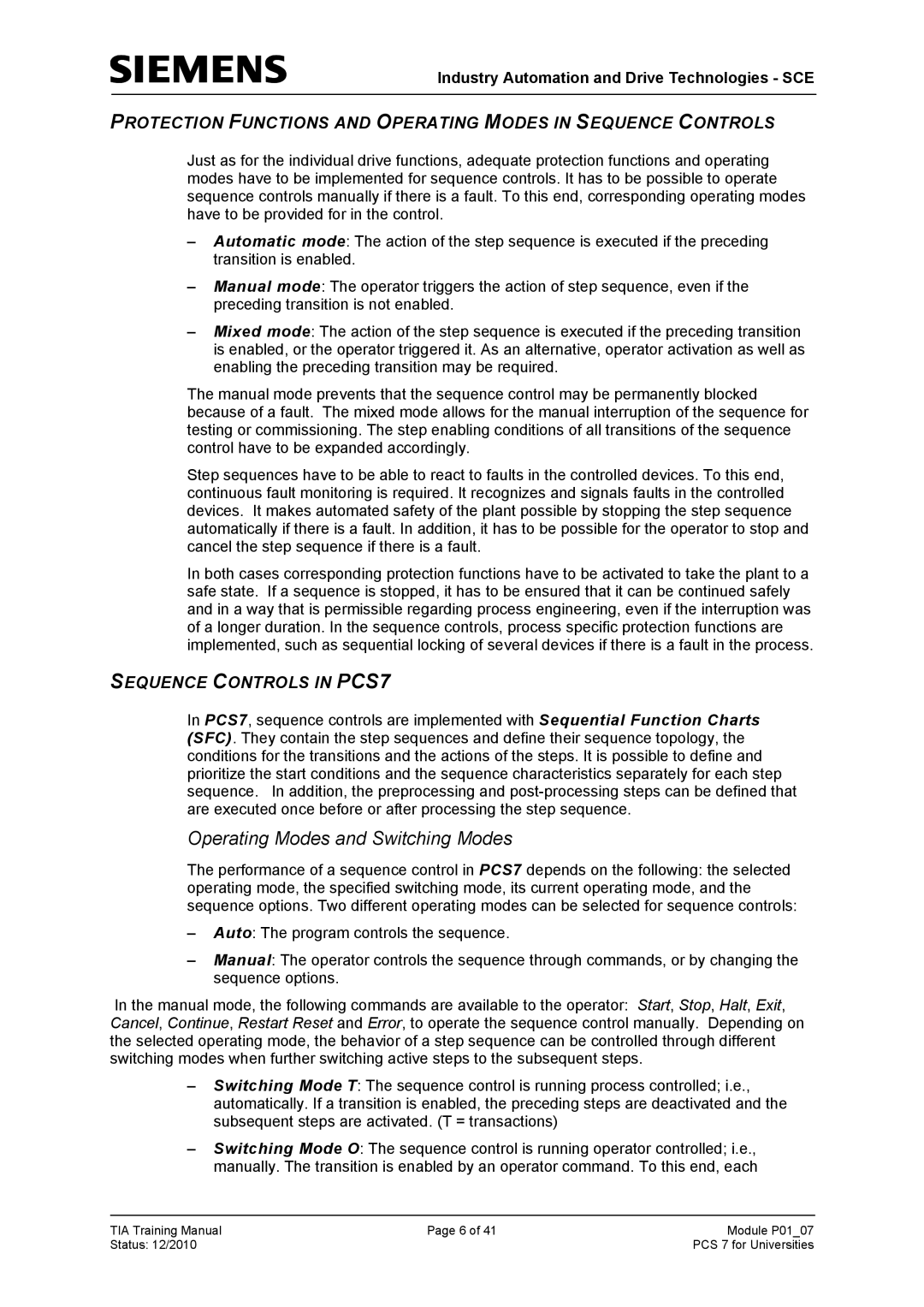 Siemens P01-07 manual Operating Modes and Switching Modes, Sequence Controls in PCS7 