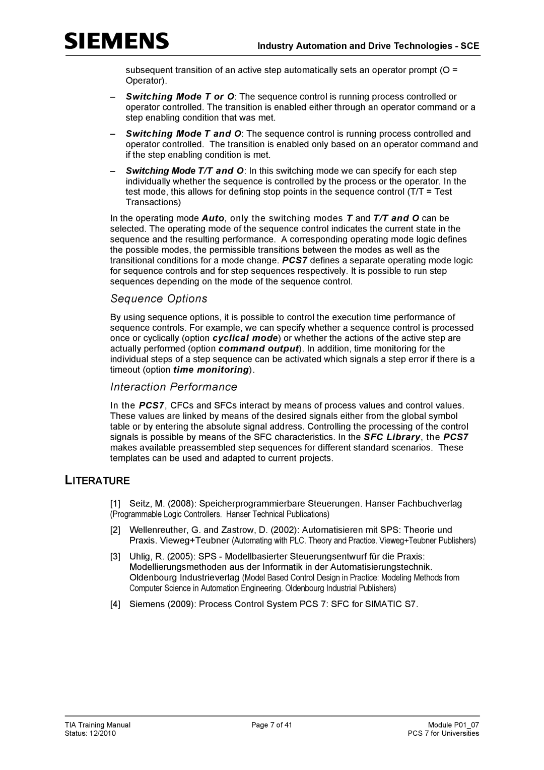 Siemens P01-07 manual Sequence Options 