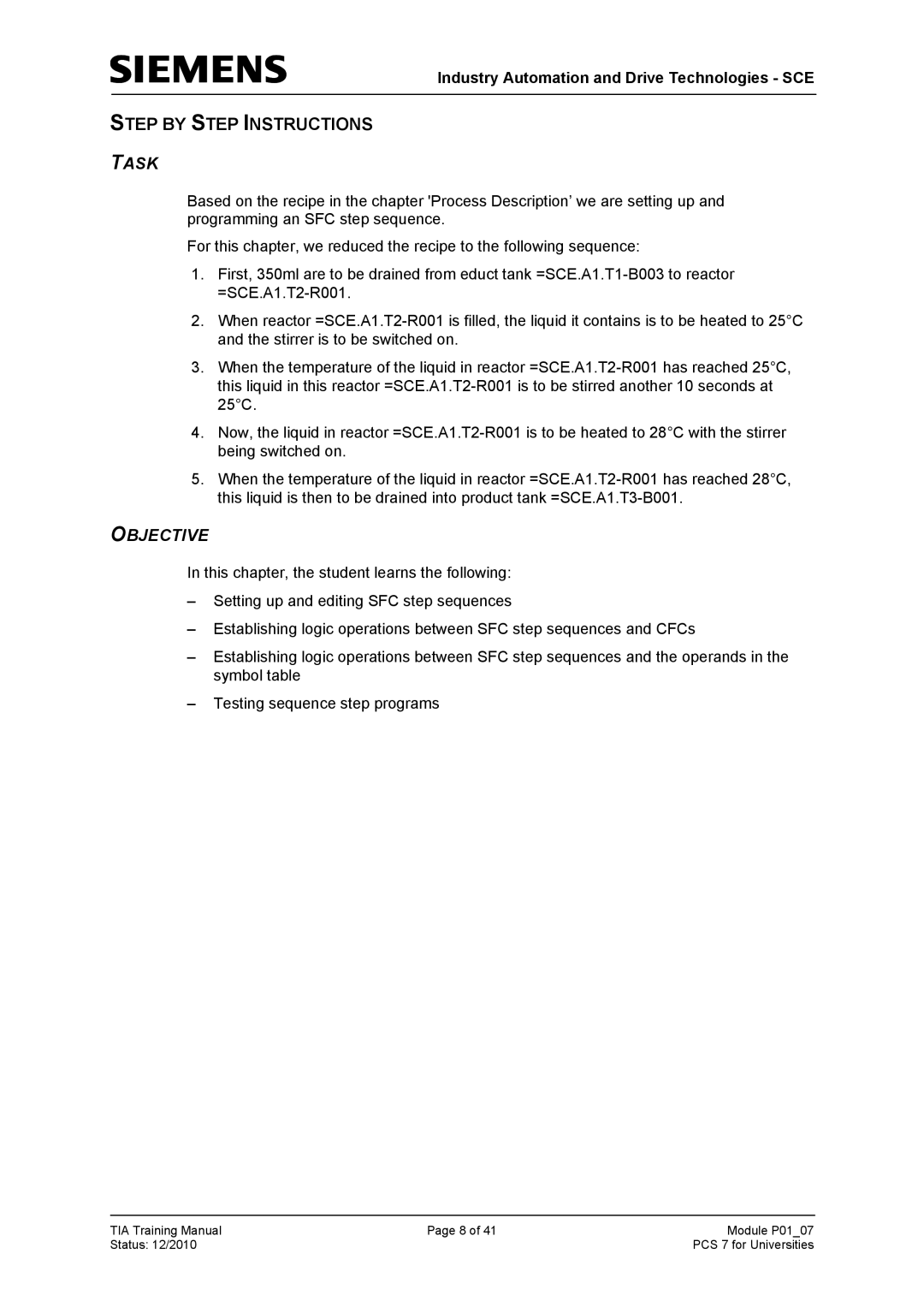 Siemens P01-07 manual Task, Objective 