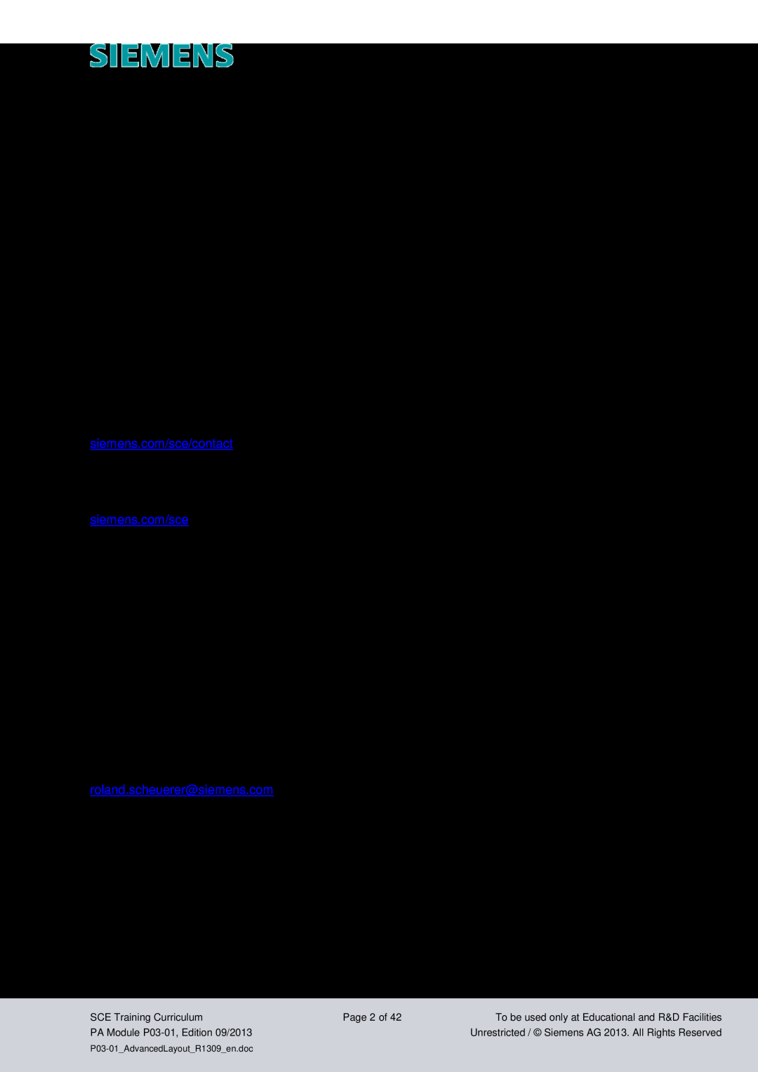 Siemens pa module p03-01 manual Matching SCE Trainer Packages for these curriculums, Continued education, Note on Usage 