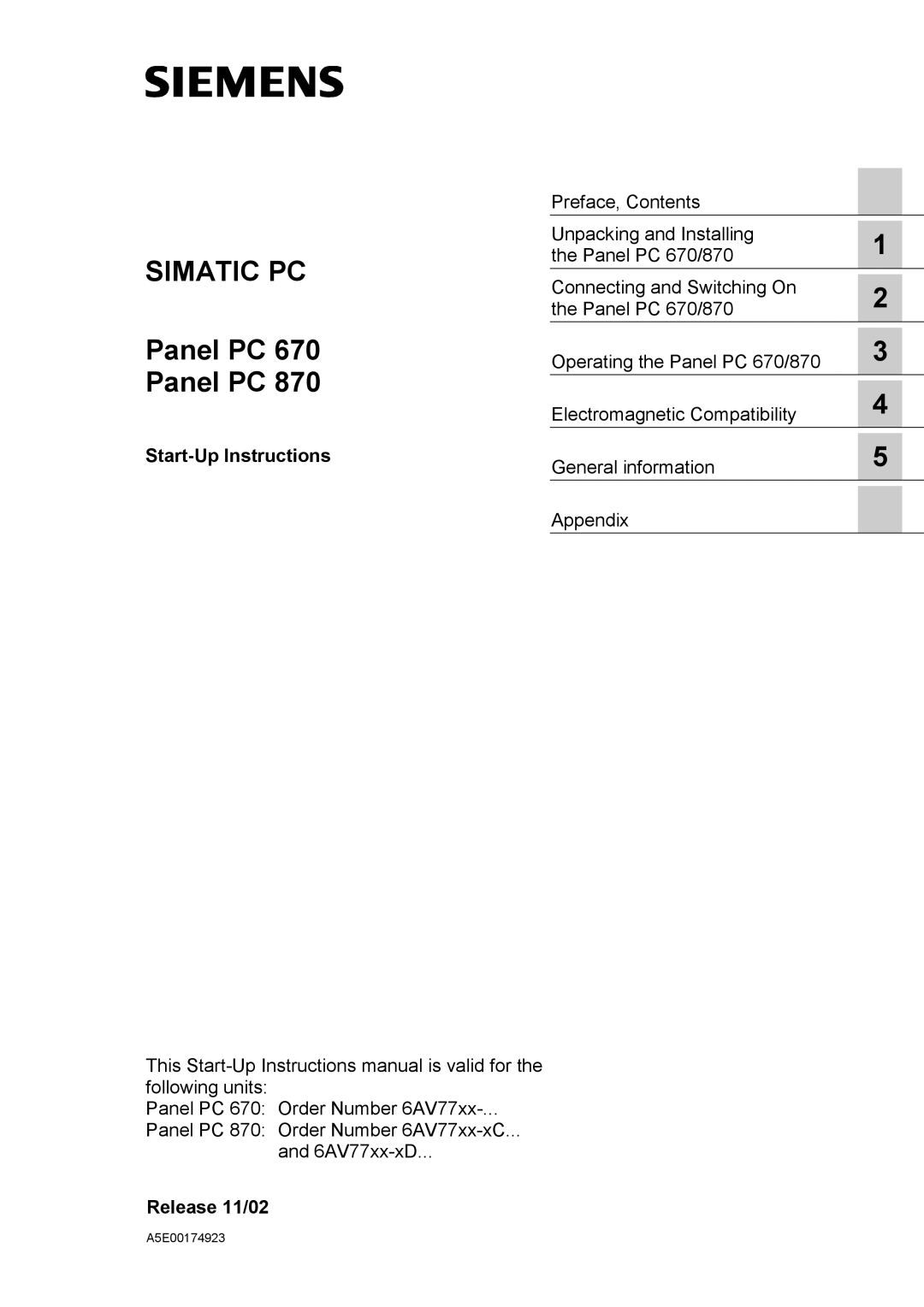 Siemens Panel PC 870 appendix Start-Up Instructions, Release 11/02 