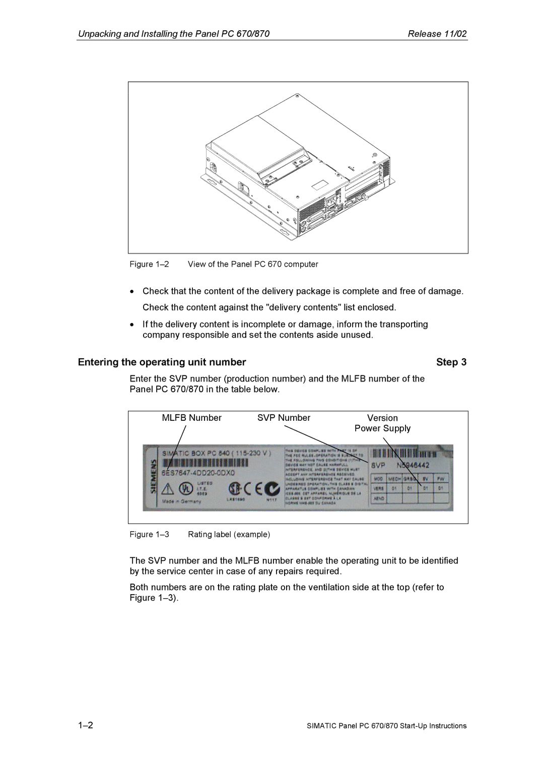 Siemens Panel PC 870 Entering the operating unit number Step, Unpacking and Installing the Panel PC 670/870 Release 11/02 