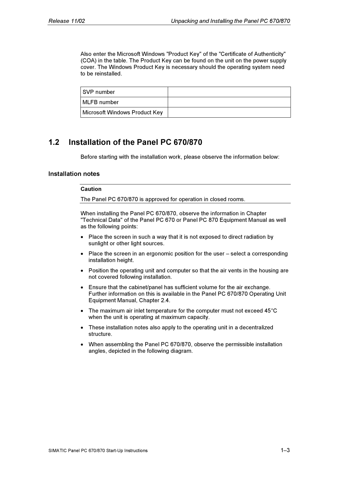 Siemens Panel PC 870 appendix Installation of the Panel PC 670/870, Installation notes 