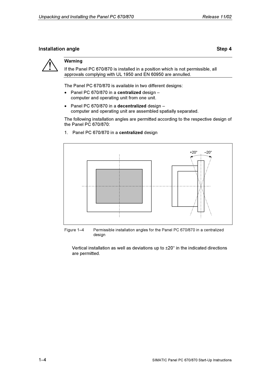 Siemens Panel PC 870 appendix Installation angle Step 