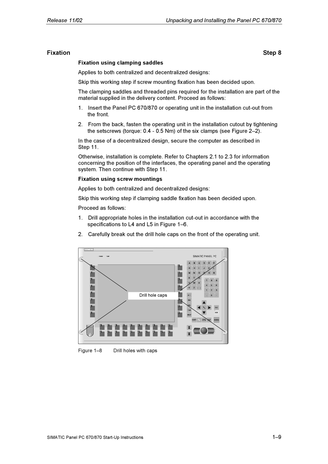 Siemens Panel PC 870 appendix Fixation Step, Fixation using clamping saddles, Fixation using screw mountings 