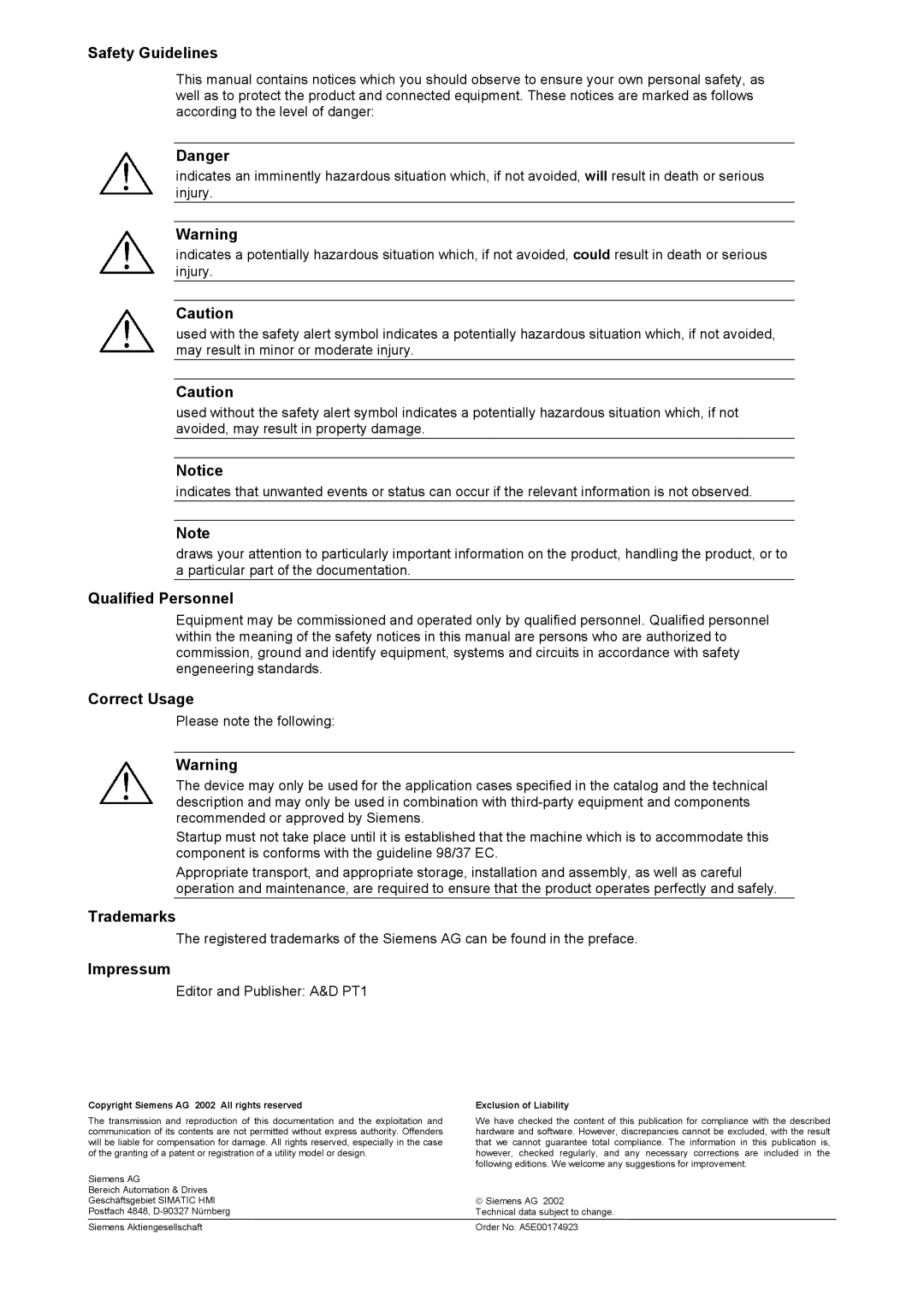 Siemens Panel PC 870 appendix Safety Guidelines, Qualified Personnel, Correct Usage, Trademarks, Impressum 