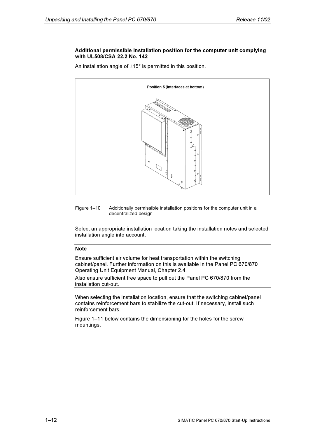 Siemens Panel PC 870 appendix An installation angle of ±15 is permitted in this position 