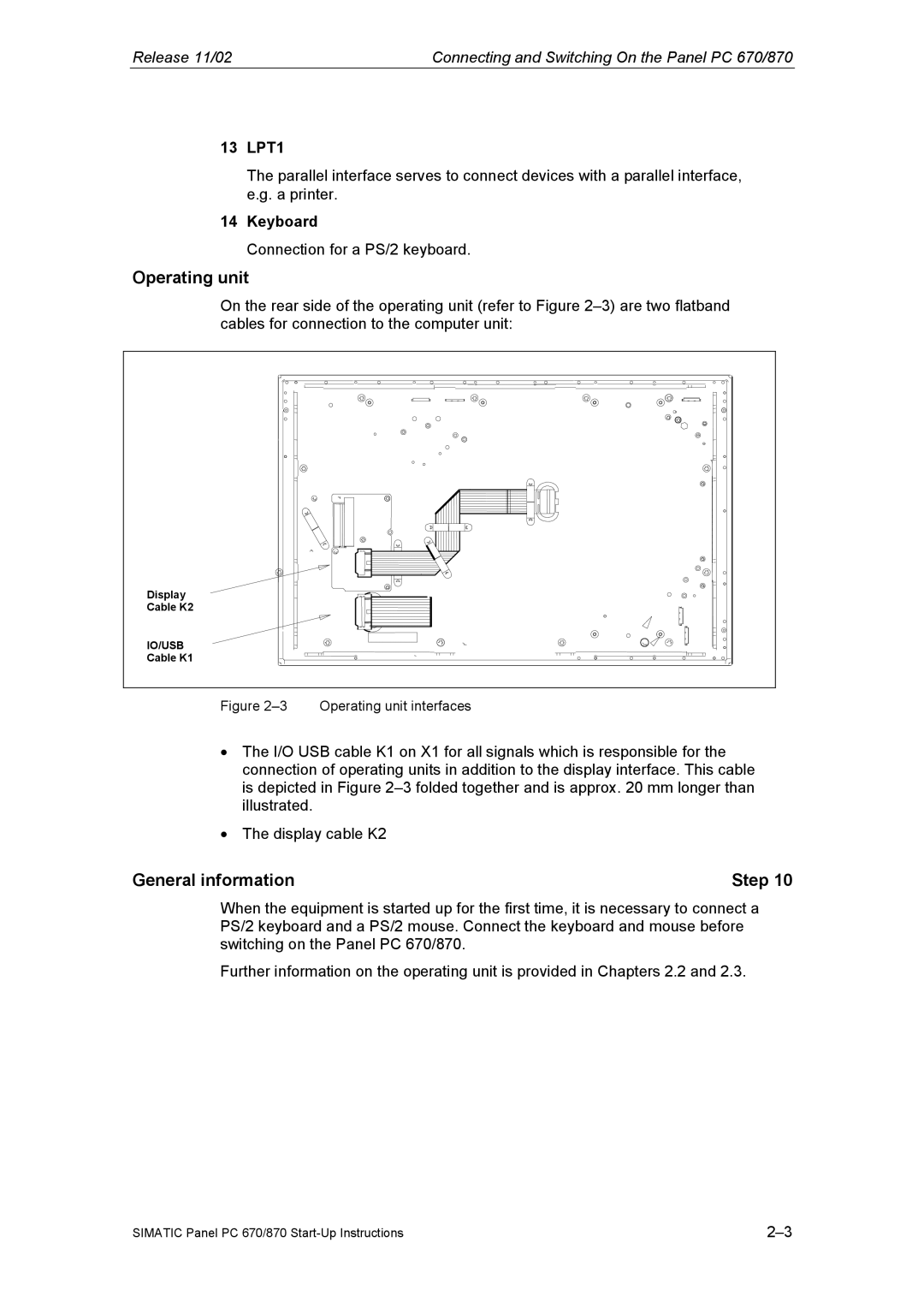 Siemens Panel PC 870 appendix Operating unit, General information Step, 13 LPT1, Keyboard 