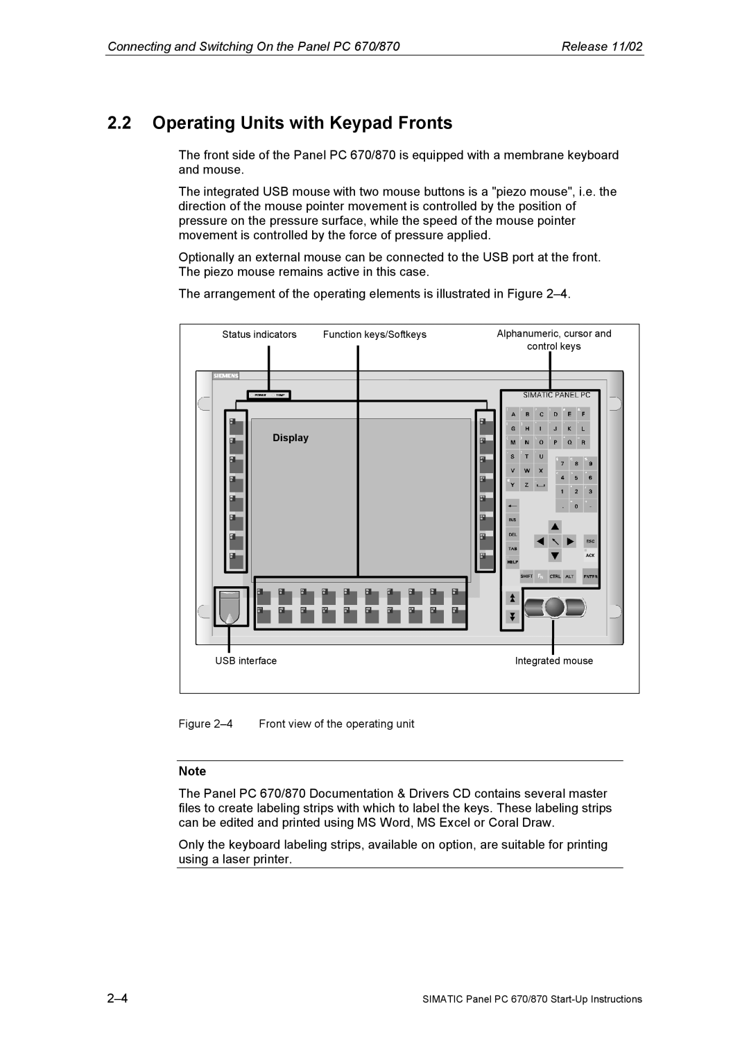 Siemens Panel PC 870 appendix Operating Units with Keypad Fronts, Front view of the operating unit 