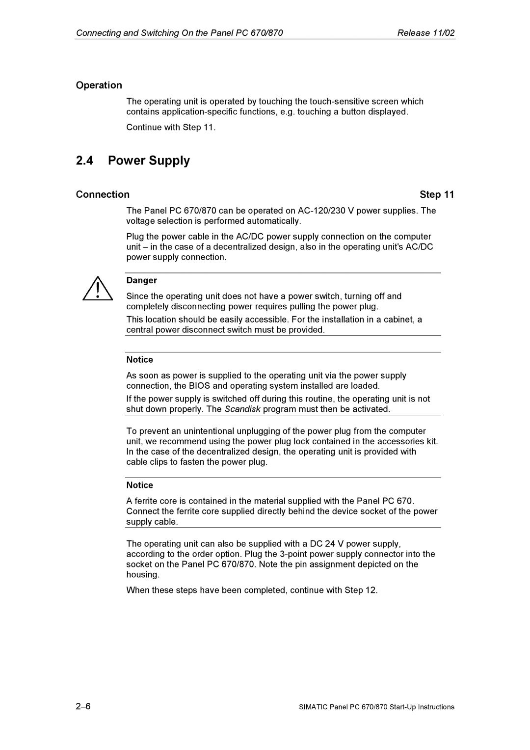 Siemens Panel PC 870 appendix Power Supply, Operation, Connection Step 