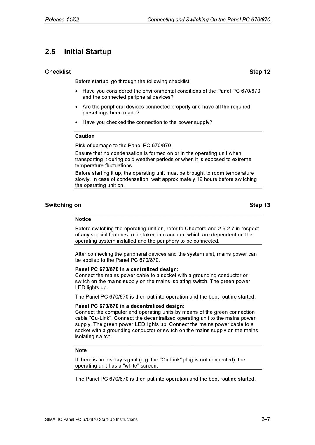 Siemens Panel PC 870 appendix Initial Startup, Checklist, Switching on Step, Panel PC 670/870 in a centralized design 