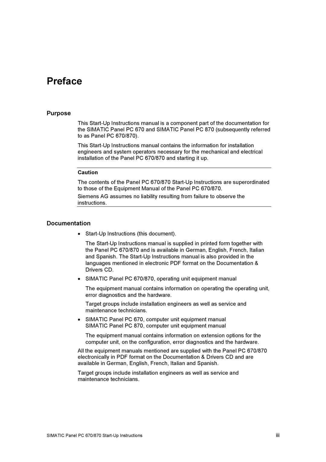 Siemens Panel PC 870 appendix 1Preface, Purpose, Documentation 